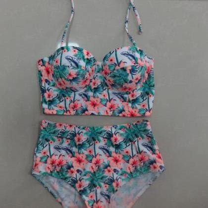 Women High Waist Flower Pattern Swimswear Swimsuit Bikini On Luulla