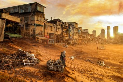 Wallpaper Apocalyptic Desert Buildings Sand Storm People