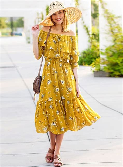 Boho Off Shoulder Ruffle Floral Printed Midi Dress STYLESIMO