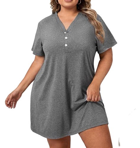 Deep V Neck Nightgowns Short Sleeve Dark Grey Plus Size Nightgowns And Sleepshirts Womens