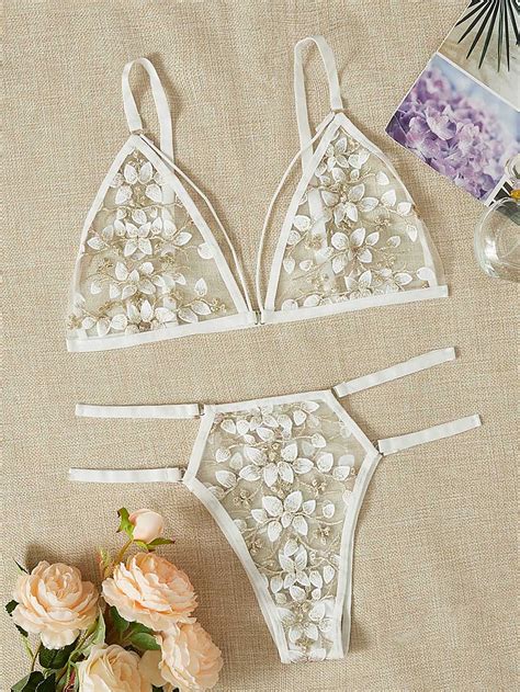Corte Fora Bordado Puro Floral Romântico Lingerie Sexy Feminina SHEIN