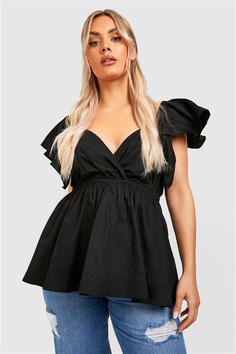 Womens Plus Cotton Poplin Ruffle Sleeve Smock Top Boohoo Uk