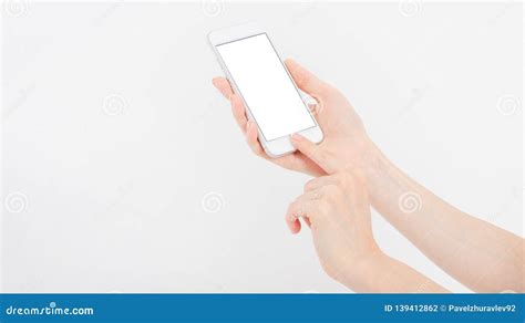 Female Hand Hold Mobile Phone Isolated On White Woman Holding Phone