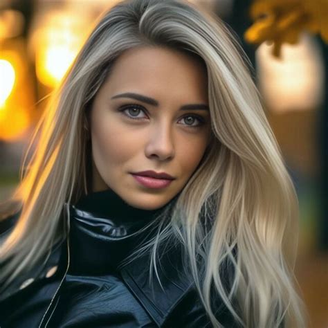A Woman With Long Blonde Hair Wearing A Black Leather Jacket And Posing For The Camera