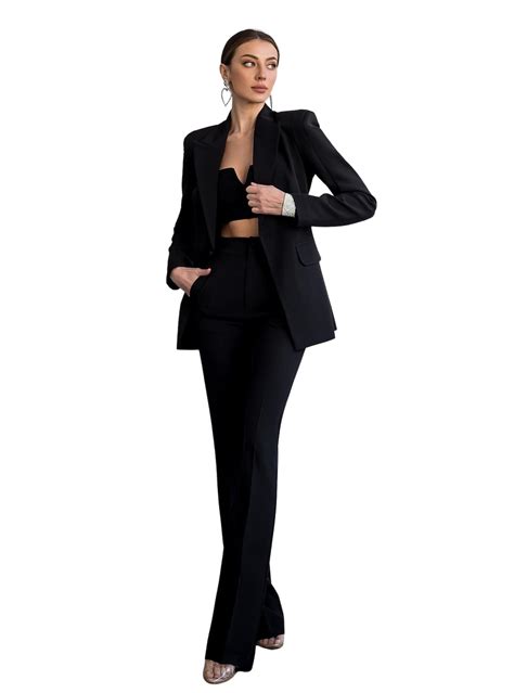 Black Formal Pants Suit With Single Breasted Blazer And Straight Pants High Waist Black Blazer