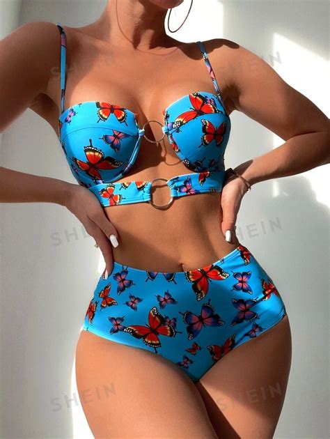 Shein Swim Vcay Butterfly Print Ring Linked Push Up Bikini Swimsuit