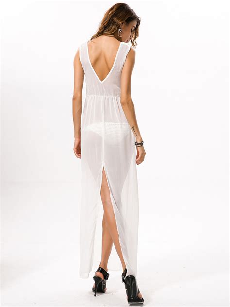 White Maxi Dress V Neck Sleeveless Slits Semi Sheer Long Chiffon Dress