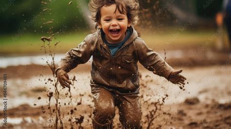 Super Excited Young Child Jumping In A Puddle Of Mud Outdoors Stock