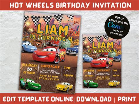 Hot Cars Birthday Invitation Template Editable Birthday Party Invite Wheels Birthday Card Race