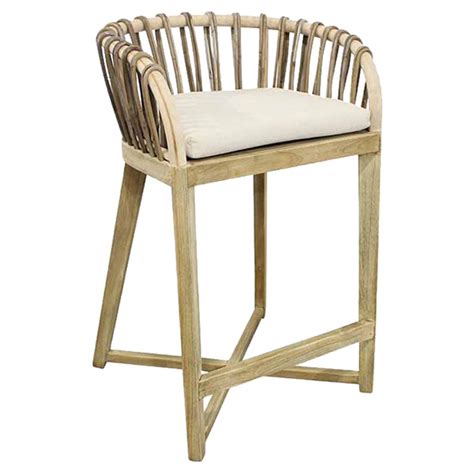 Vickie Coastal Beach Off White Linen Rattan Teak Wood Frame Counter Stool