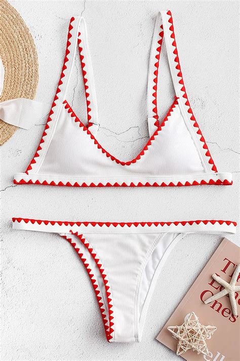 Zaful Whip Stitch Trim Ribbed Bikini Swimsuit Ruby Red White Bikini