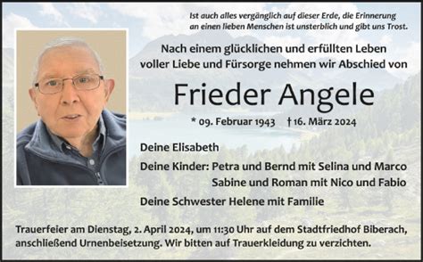 Traueranzeigen Von Frieder Angele Schwaebische De Trauerportal