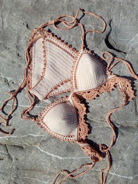 Crochet Bikini Set Light Cream With Nude Tan Lace Edging Etsy