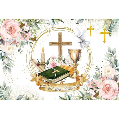 Mi Primera Comunión Photography Backdrop Girl Baptism Gold Cross Dove