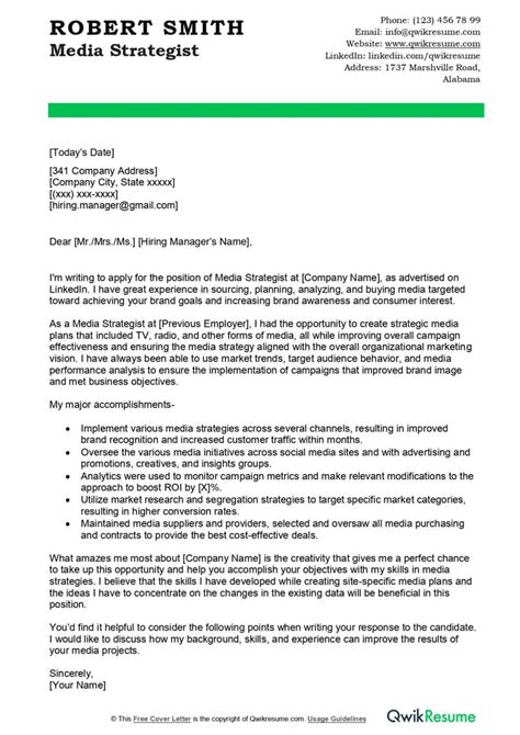 Media Strategist Cover Letter Examples QwikResume