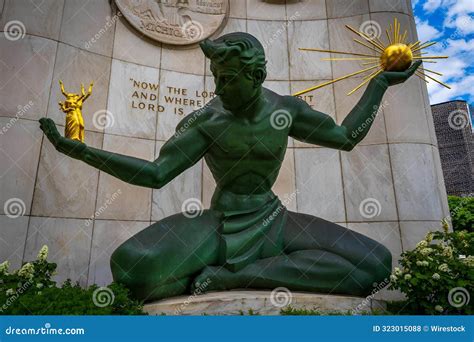 Spirit of Detroit Statue Holding a Golden Figure and a Golden Sphere ...