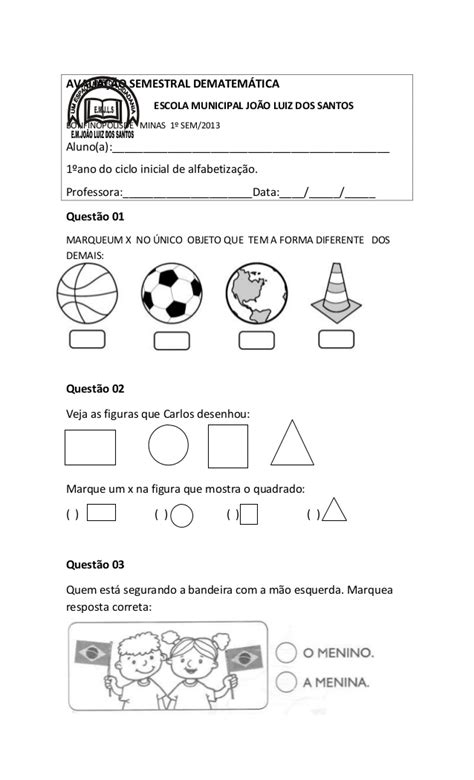 Avaliação Para 1º Ano do Ciclo Inicial de Alfabetização Atividades