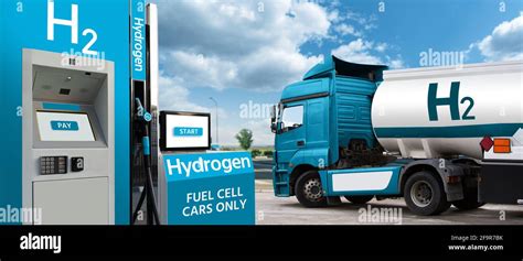 Truck With Hydrogen Fuel Tank Trailer On A Background Of H Filling