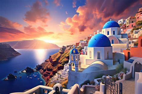 Beautiful Sunset Over Santorini Island Greece 3D Rendering Beautiful