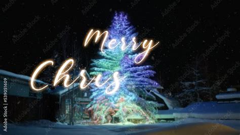 4k Snowy place and Christmas tree of shiny particles. Festive ...