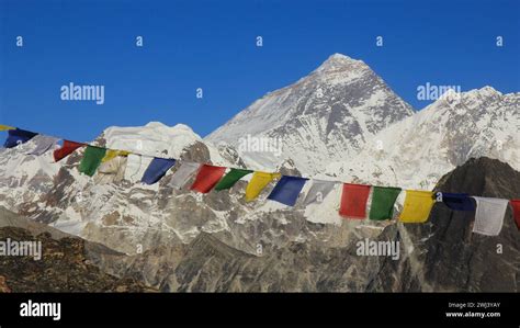 Prayer Flags On Gokyo Peak And Mount Everest Nepal Stock Photo Alamy