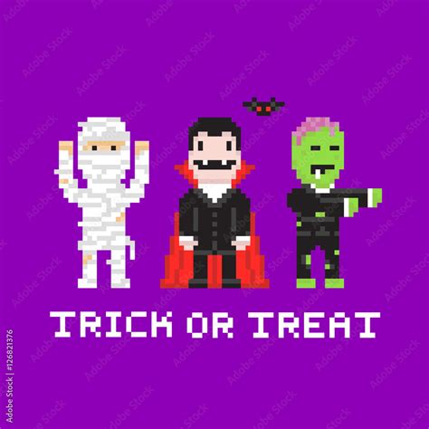 Pixel Art Game Style Cartoon Halloween Mummy Dracula Zombie Stock Vector Adobe Stock