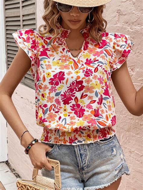 SHEIN LUNE Floral Print Notched Neckline Layered Sleeve Blouse SHEIN USA