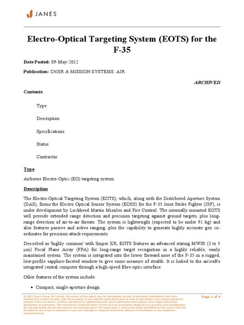 Electro-Optical Targeting System (EOTS) For The F-35 | PDF