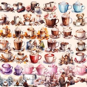 Hot Chocolate Watercolor Clipart Bundle 384 PNG Hot Cocoa Images Winter Fall Cozy Drink