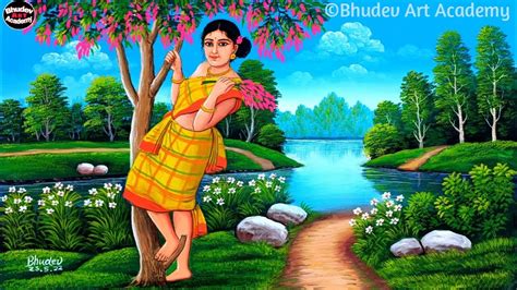 Indian Village Girl Paintingbeautiful Indian Village Scenery Painting