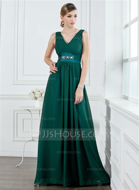 A Line Princess V Neck Floor Length Chiffon Bridesmaid Dress With