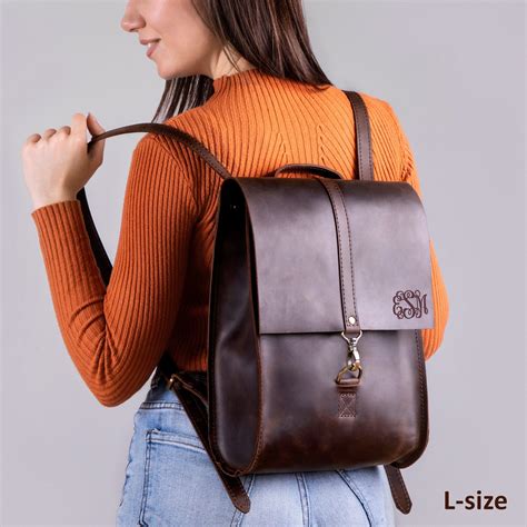 Monogrammed Black Large Leather Backpack T For Her Personalized Large Copper Leather