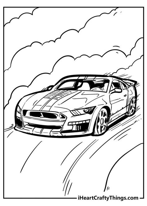 a coloring page with a car driving down the road in front of clouds and sky