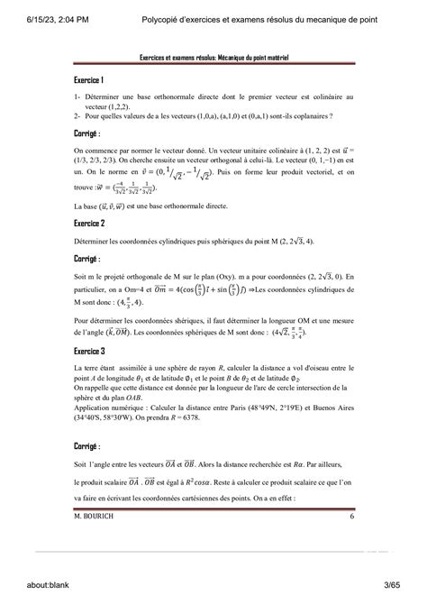 SOLUTION Polycopi D Exercices Et Examens R Solus Du Mecanique De Point