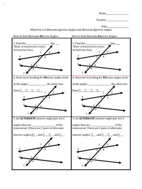 1.4 Identifying Alternate Interior and Exterior Angles (Worksheet ...