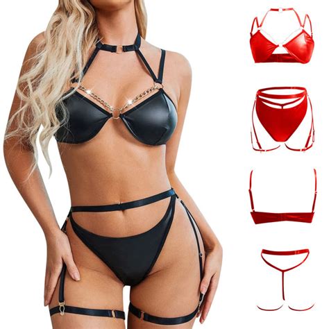 Women Fashion Lingerie 3pack PU Leather Harness Lingerie Set With Chain