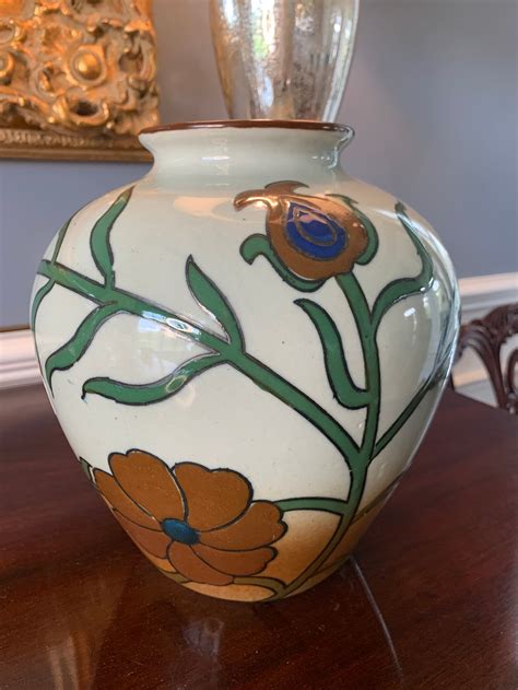 Large Vintage Floral Hand Painted Vase Mcm Flowers Leaves Etsy