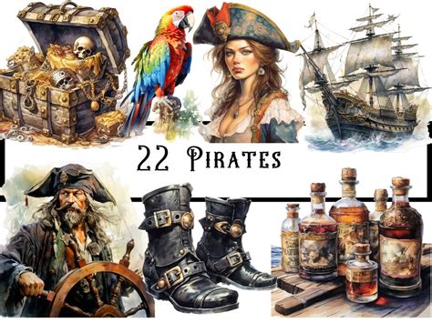 Watercolour Pirates Clipart Bundle Nautical Clipart PNG Digital