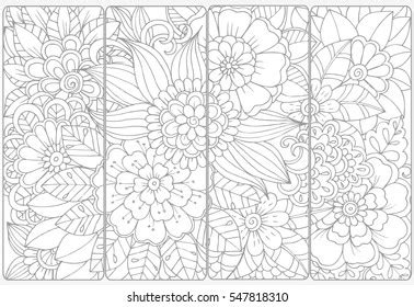 Floral Doodles Coloringvector Set Monochrome Bookmarks Stock Vector