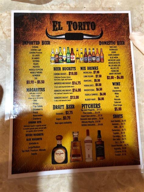 Menu at El Torito Mexican Restaurant, Shamokin Dam