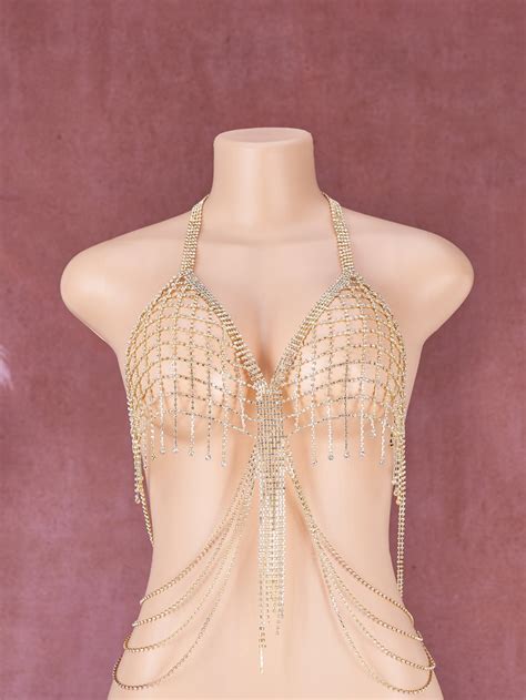 Gold Body Chain For Womans Ideal Ornament Mesh Bra Waist Fringe