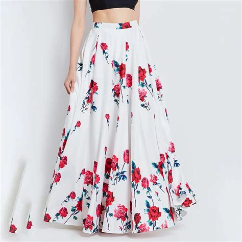 Women Summer Long Floral Skirt White Red Rose Maxi Skirt Fashion A Line