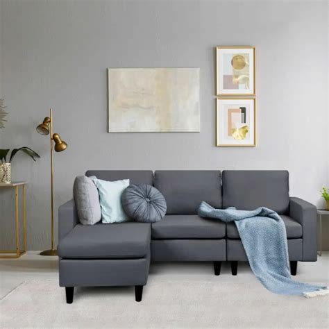 Izaak 78 Wide Linen Reversible Sofa Chaise With Ottoman VigsHome