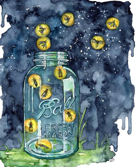 Watercolor Firefly Jar Painting Print Titled A Summer Etsy