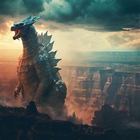 Godzilla De Pie Sobre Un Acantilado Con Un Cielo Nublado De Fondo Ai