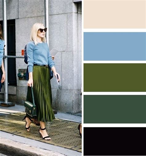 Analogous color combinations: muted blue and shining olive green skirt ...