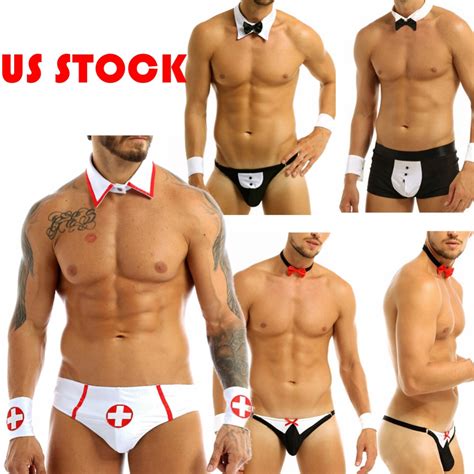 Linjinx 3Pcs Mens Waiter Lingerie Suit Open Back Tuxedo G String Thong Underwear With Bow Tie