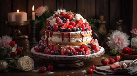 Premium Photo Naked Vanilla Cake With Strawberries Blueberries And Raspberries Fruit Cake