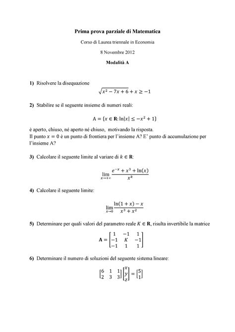 Appelli Parziali Vari Esami Di Matematica Esercizi Per Il Primo