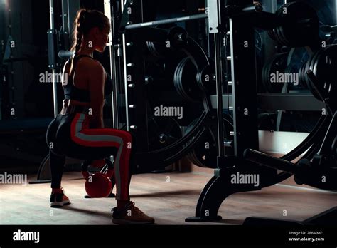 Beautiful Brunette Lifting Dumbbell In A Dark Gym Stock Photo Alamy